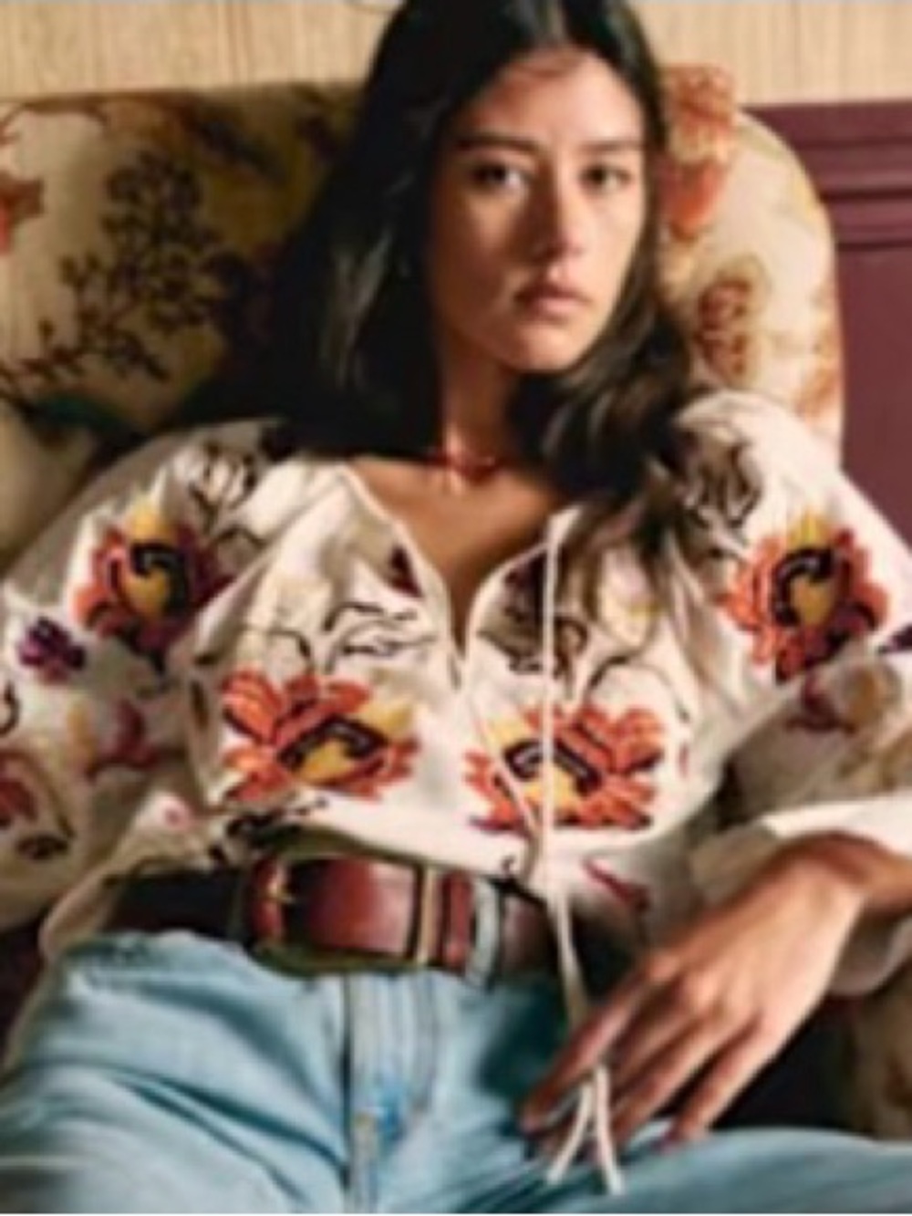 Sezane Bertille Embroidered Peasant Blouse - White with Orange Floral